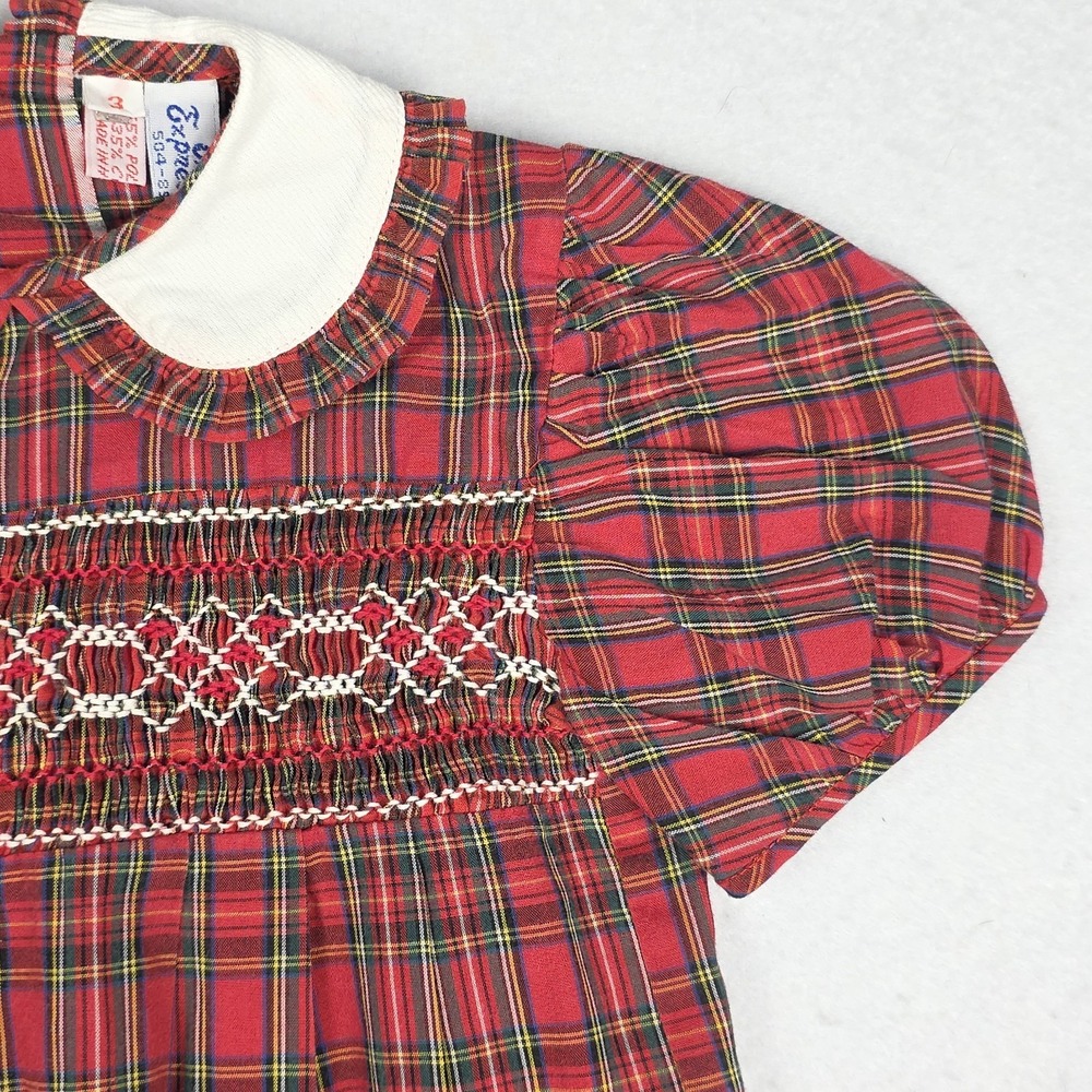 VTG Orient Express Girls Short Sleeve Dress‎ 3 Red Plaid Smock Holiday Hong Kong - Picture 5 of 12